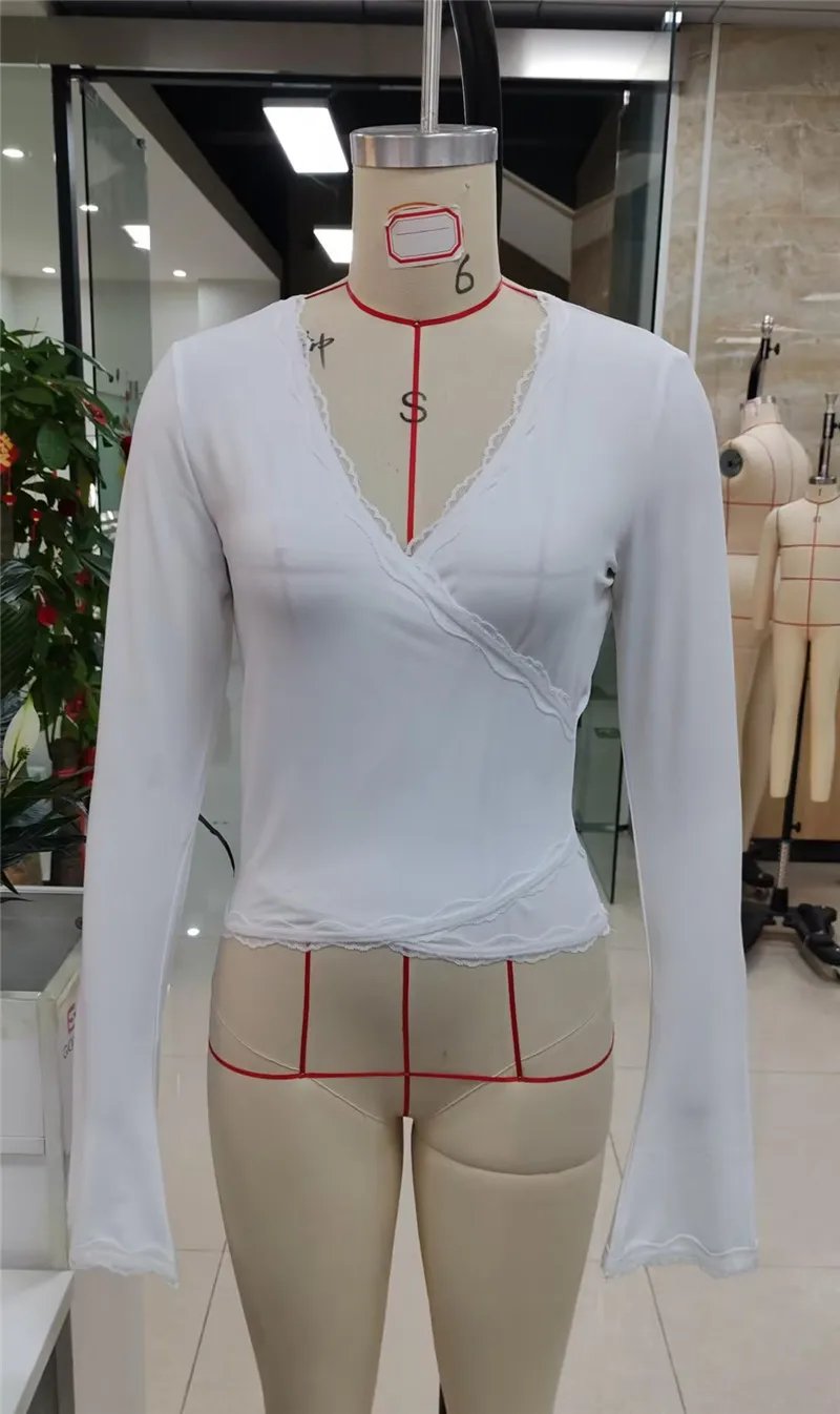 Y2K Lace Trim Wrap Top – Women’s Long Sleeve Slim Fit