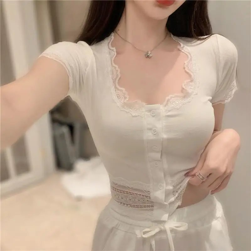 Black Lace Short Sleeve Slim Fit Crop Top Black Lace Short Sleeve Slim Fit Crop Top