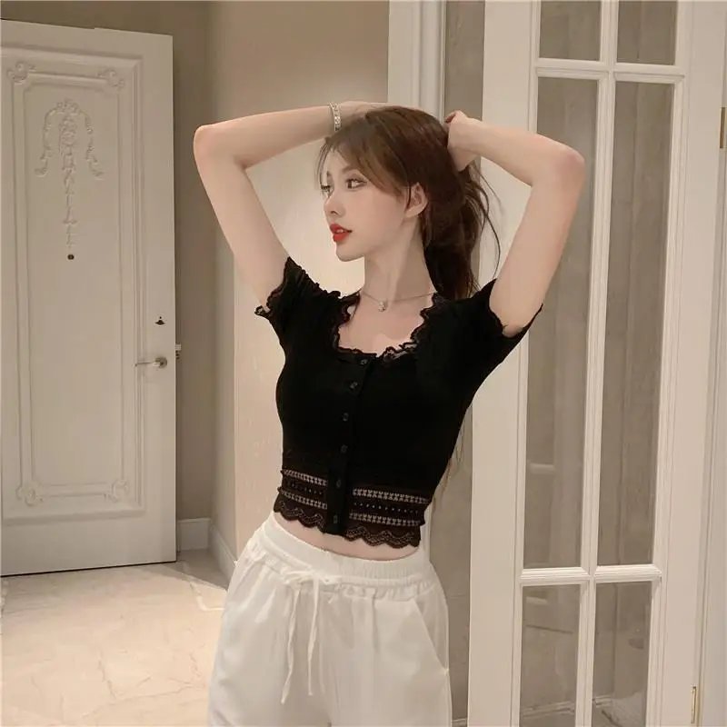Black Lace Short Sleeve Slim Fit Crop Top Black Lace Short Sleeve Slim Fit Crop Top