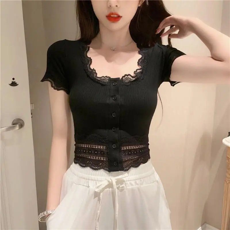 Black Lace Short Sleeve Slim Fit Crop Top Black Lace Short Sleeve Slim Fit Crop Top