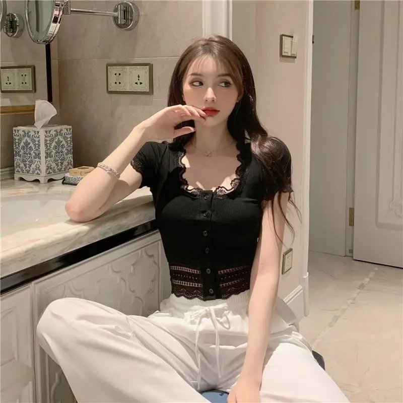 Black Lace Short Sleeve Slim Fit Crop Top Black Lace Short Sleeve Slim Fit Crop Top