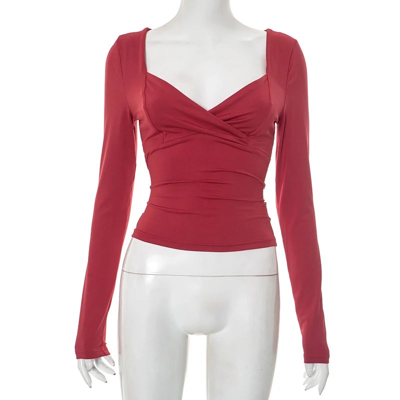 Wine Red Crossover Long Sleeve Crop Top Wine Red Crossover Long Sleeve Crop Top