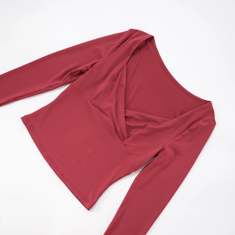 Wine Red Crossover Long Sleeve Crop Top Wine Red Crossover Long Sleeve Crop Top