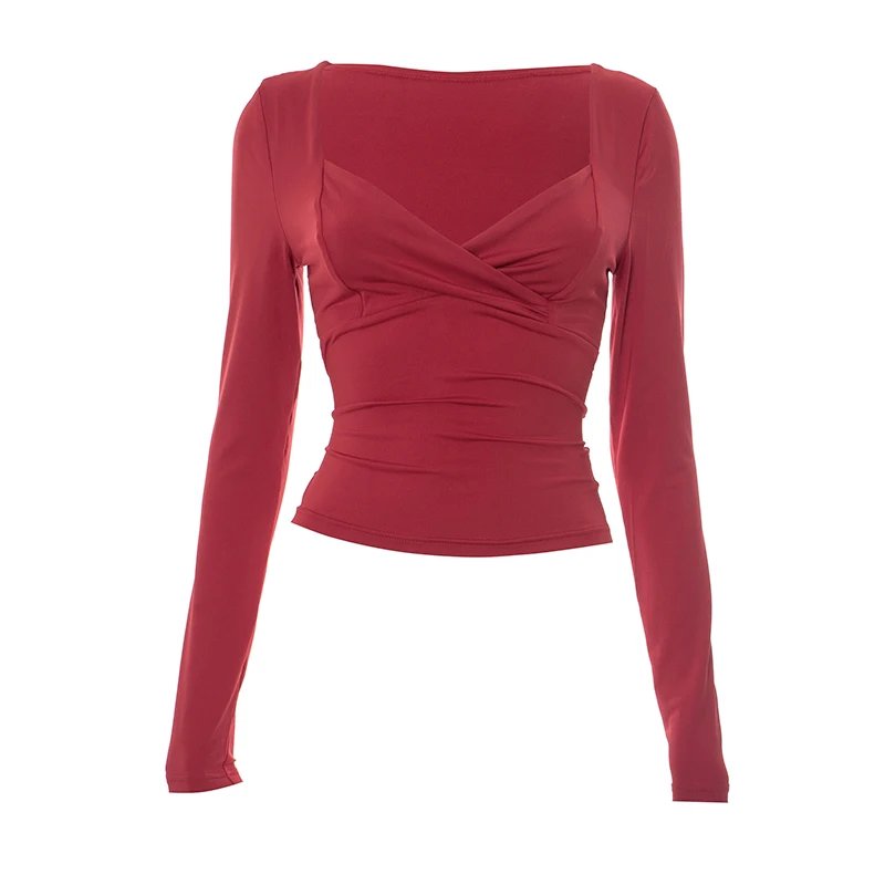 Wine Red Crossover Long Sleeve Crop Top Wine Red Crossover Long Sleeve Crop Top