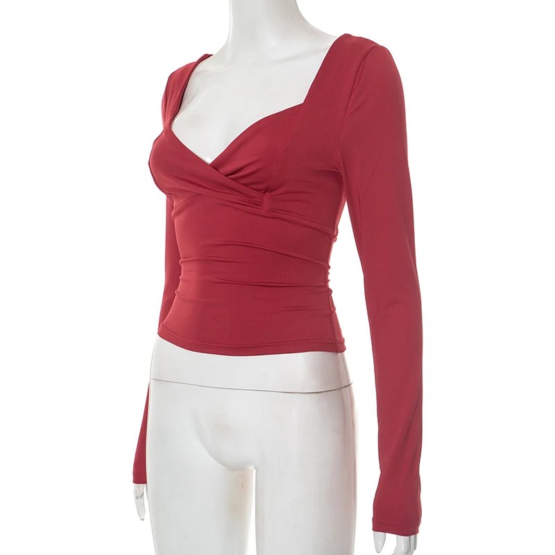 Wine Red Crossover Long Sleeve Crop Top Wine Red Crossover Long Sleeve Crop Top