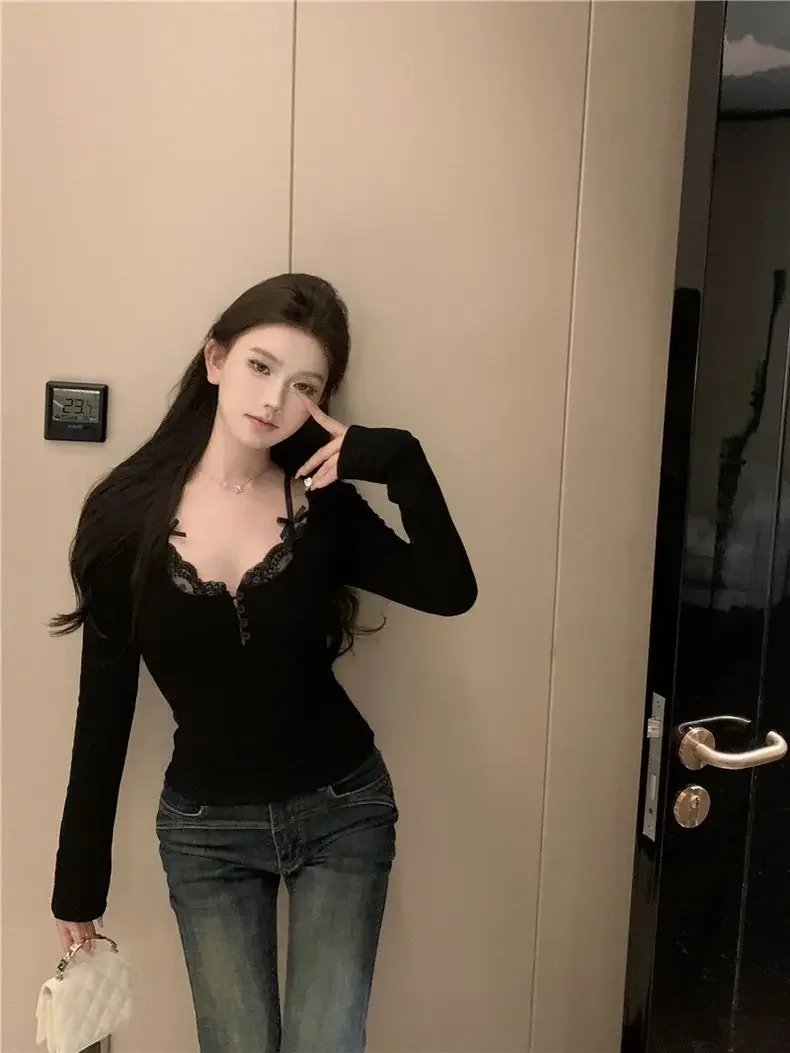 White Lace Trim Long Sleeve Slim Fit Top