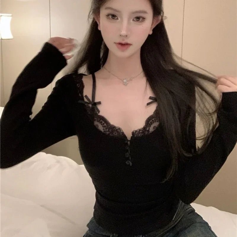 White Lace Trim Long Sleeve Slim Fit Top