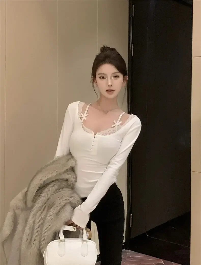 White Lace Trim Long Sleeve Slim Fit Top