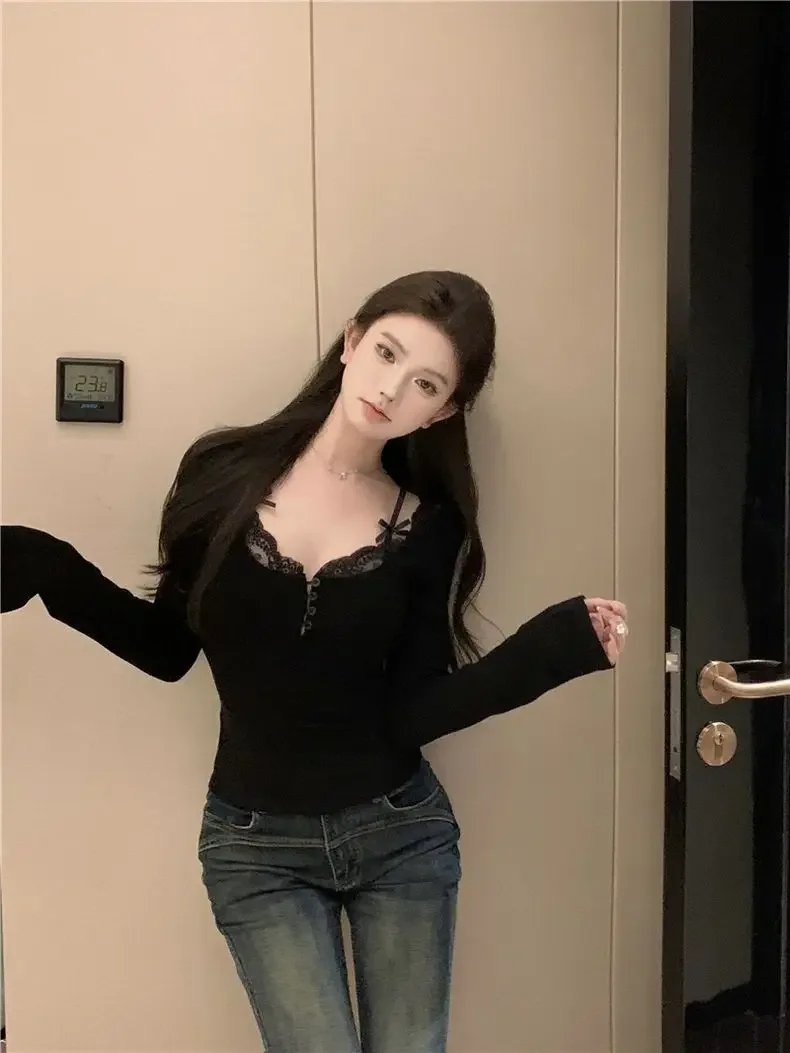 White Lace Trim Long Sleeve Slim Fit Top