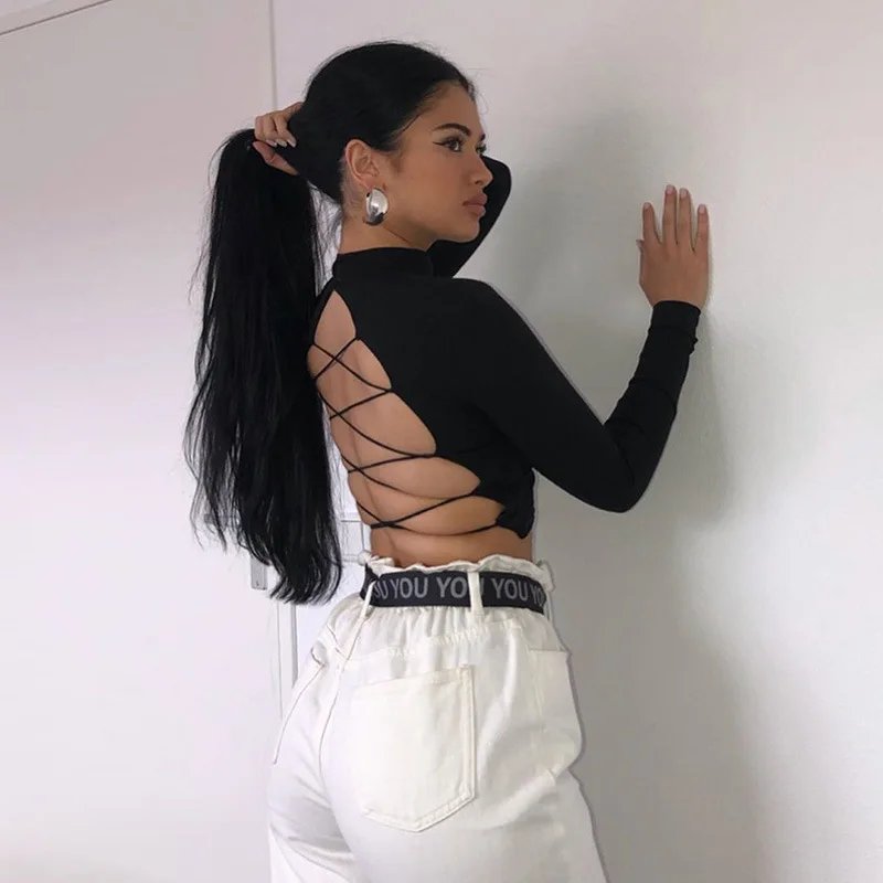 Backless Bandage Hollow‑Out Long Sleeve Top Backless Bandage Hollow‑Out Long Sleeve Top