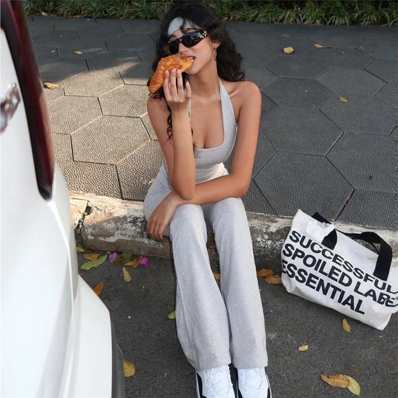 Women Halter Neck Crop Top Flare Pants Set Women Halter Neck Crop Top Flare Pants Set