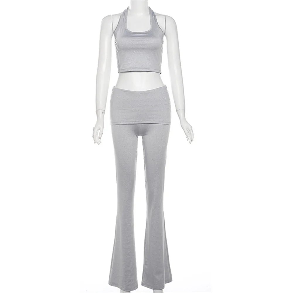 Women Halter Neck Crop Top Flare Pants Set Women Halter Neck Crop Top Flare Pants Set