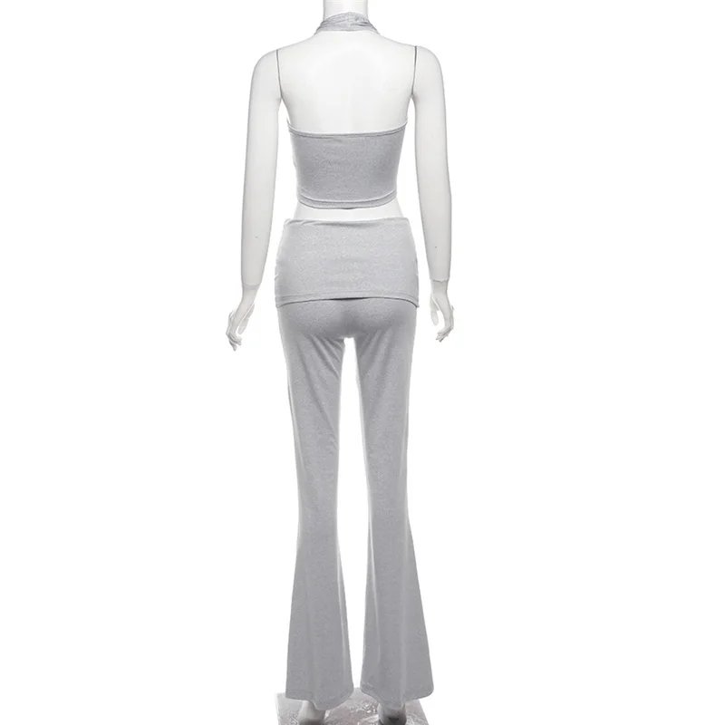 Women Halter Neck Crop Top Flare Pants Set Women Halter Neck Crop Top Flare Pants Set