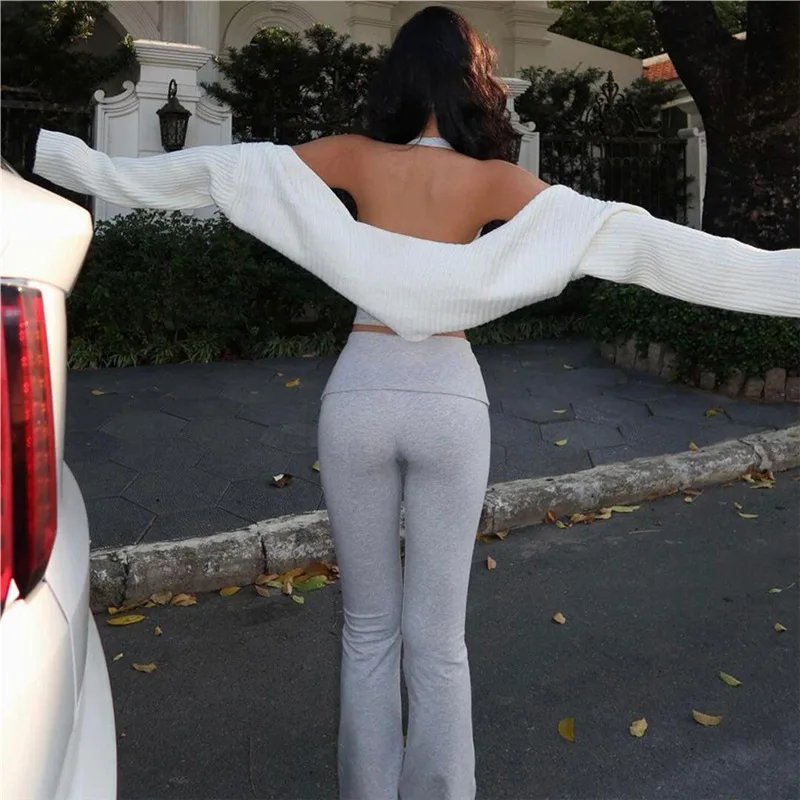 Women Halter Neck Crop Top Flare Pants Set Women Halter Neck Crop Top Flare Pants Set