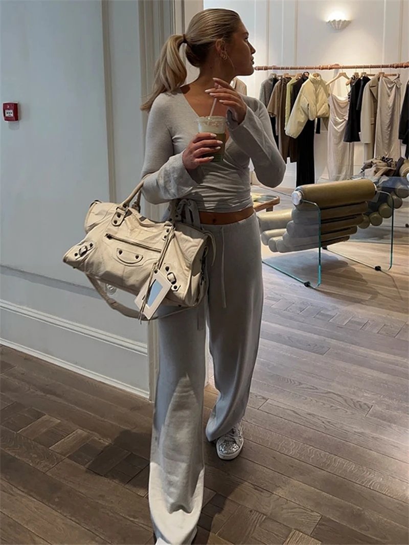 Beige Crop Cardigan and Loose Pants Women 2 Piece Set