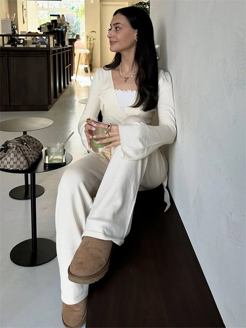 Beige Crop Cardigan and Loose Pants Women 2 Piece Set