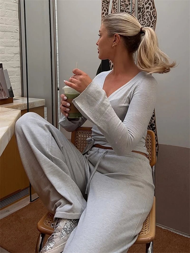 Beige Crop Cardigan and Loose Pants Women 2 Piece Set