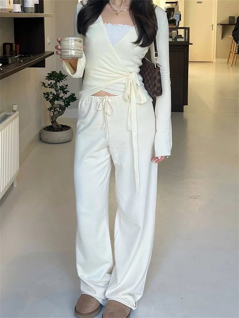 Beige Crop Cardigan and Loose Pants Women 2 Piece Set