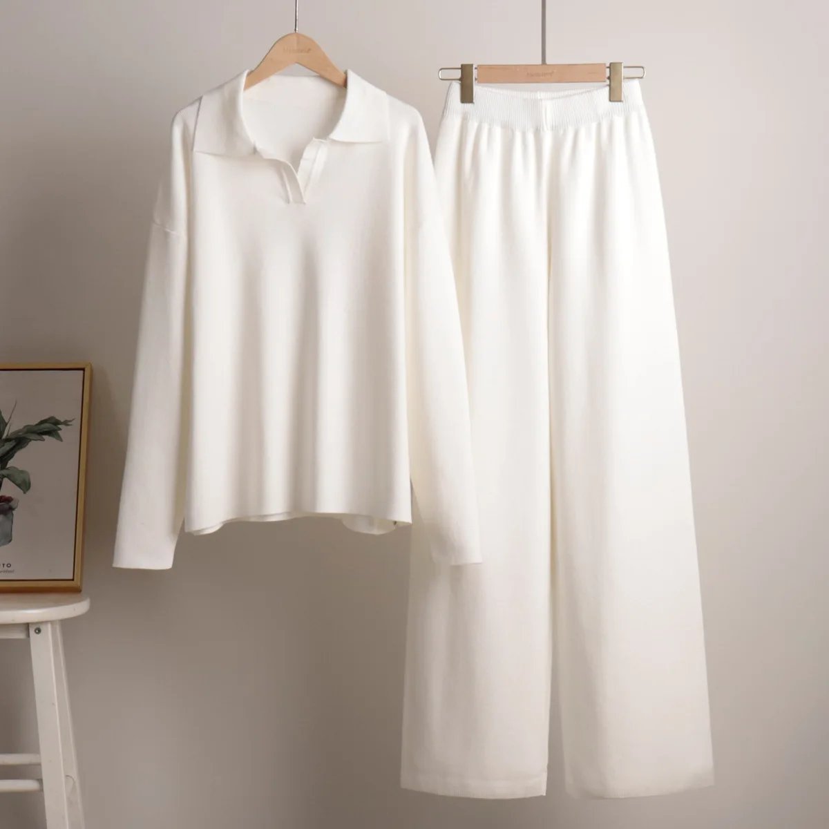 Women’s Knit Polo Sweater & Wide Leg Pants Set