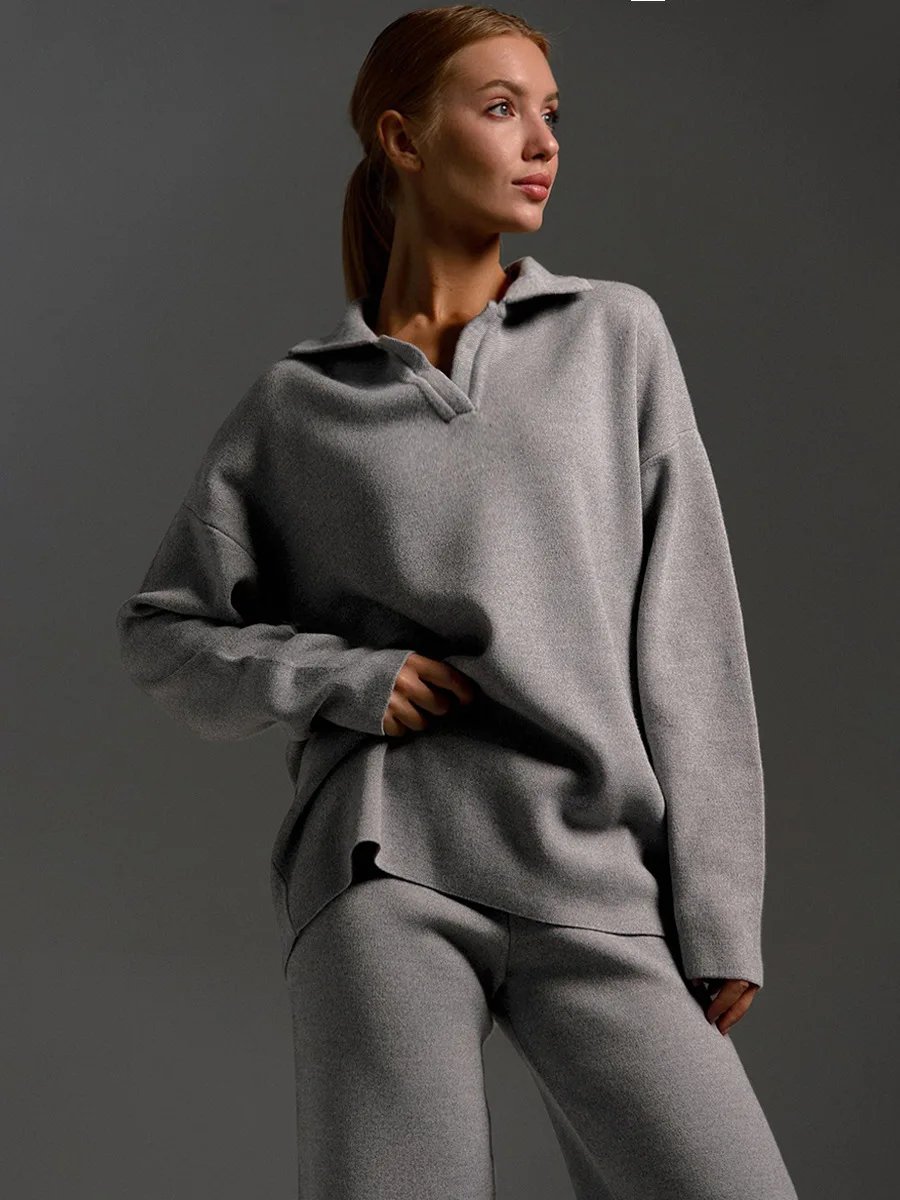 Women’s Knit Polo Sweater & Wide Leg Pants Set