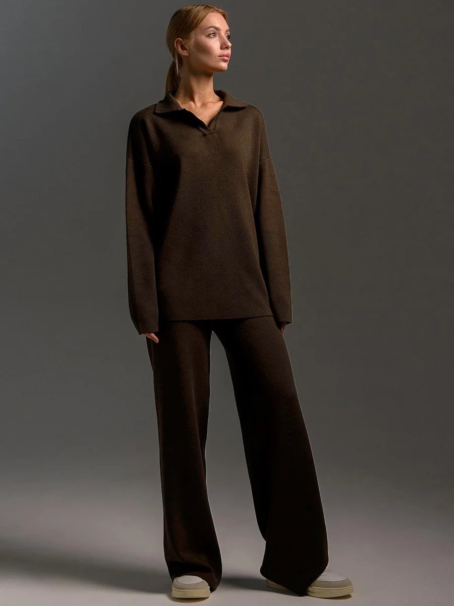 Women’s Knit Polo Sweater & Wide Leg Pants Set