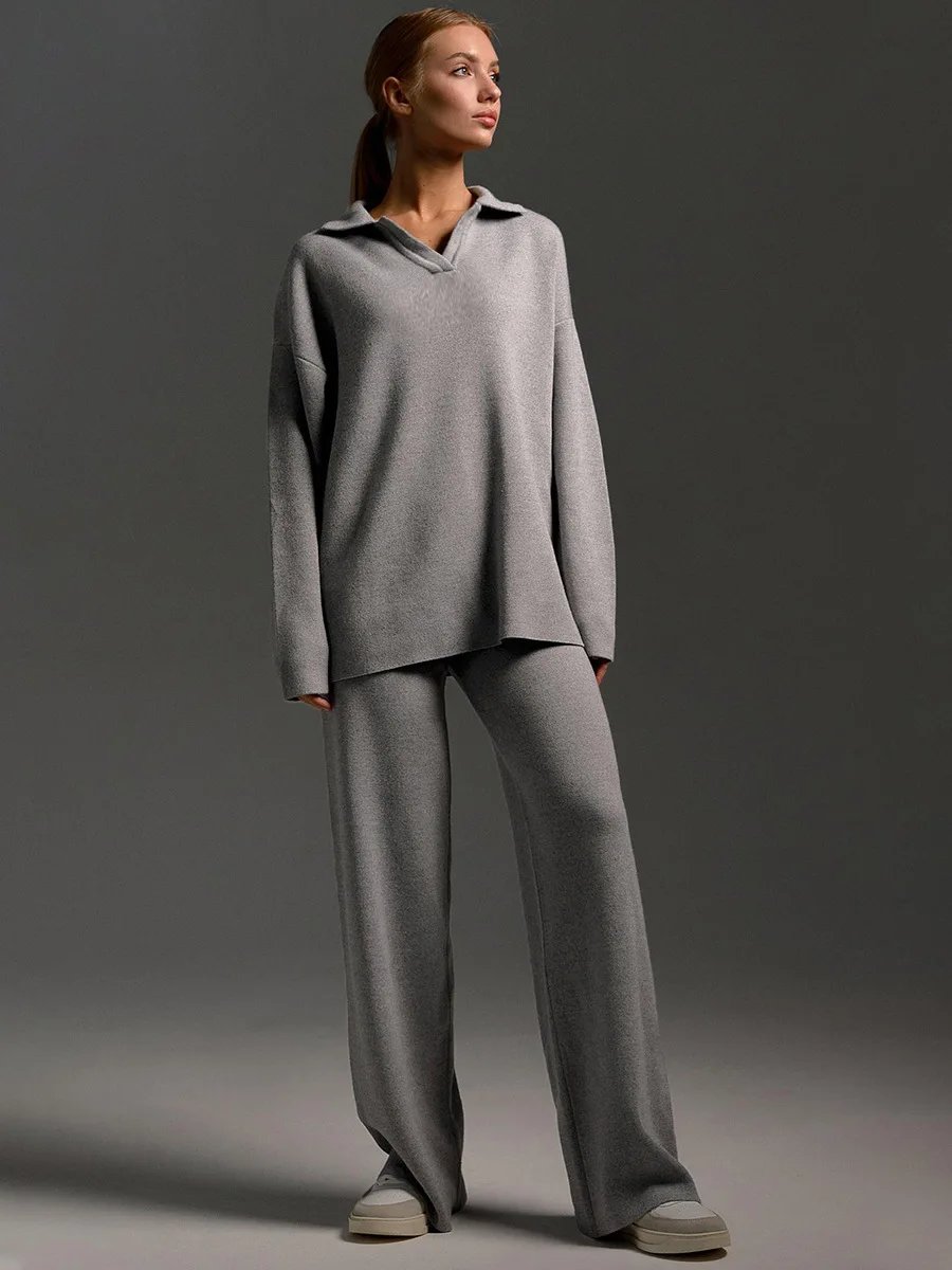 Women’s Knit Polo Sweater & Wide Leg Pants Set