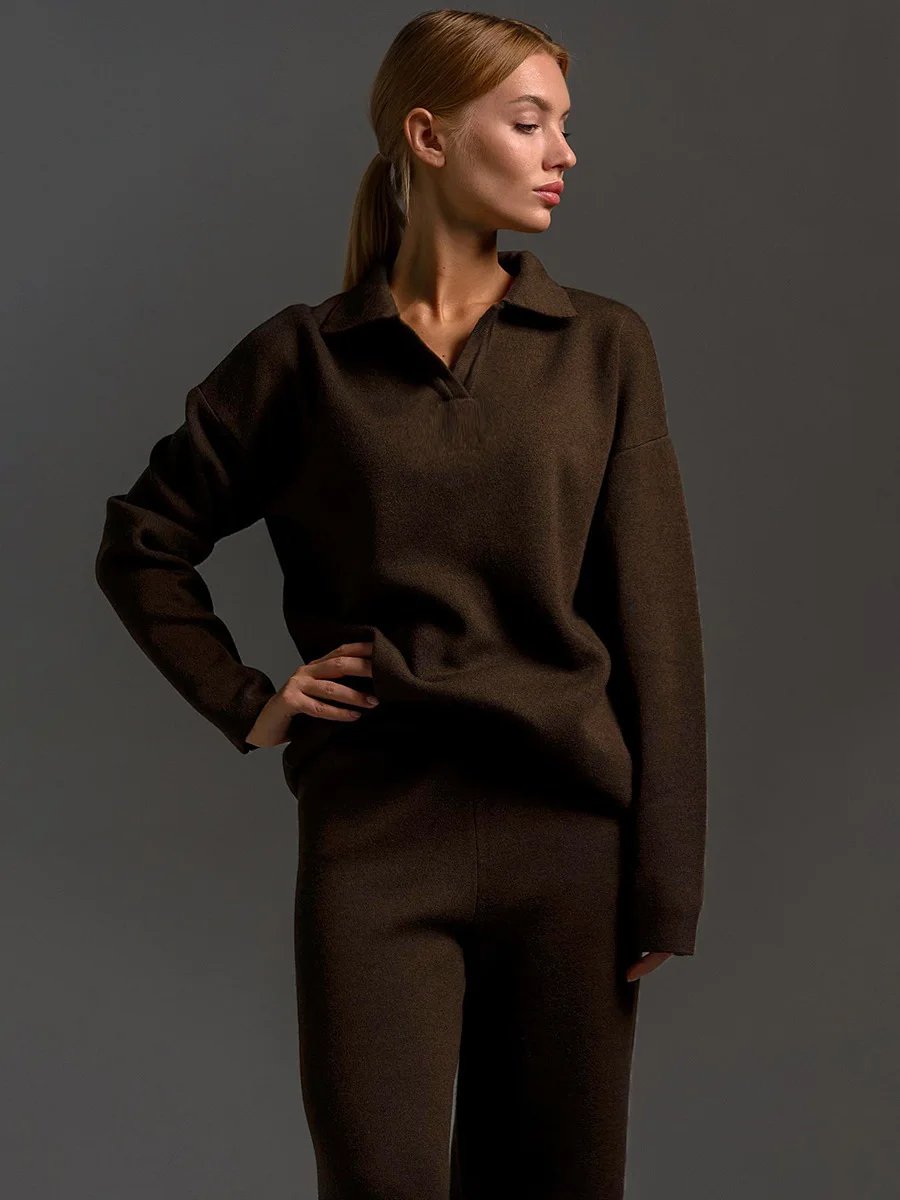 Women’s Knit Polo Sweater & Wide Leg Pants Set