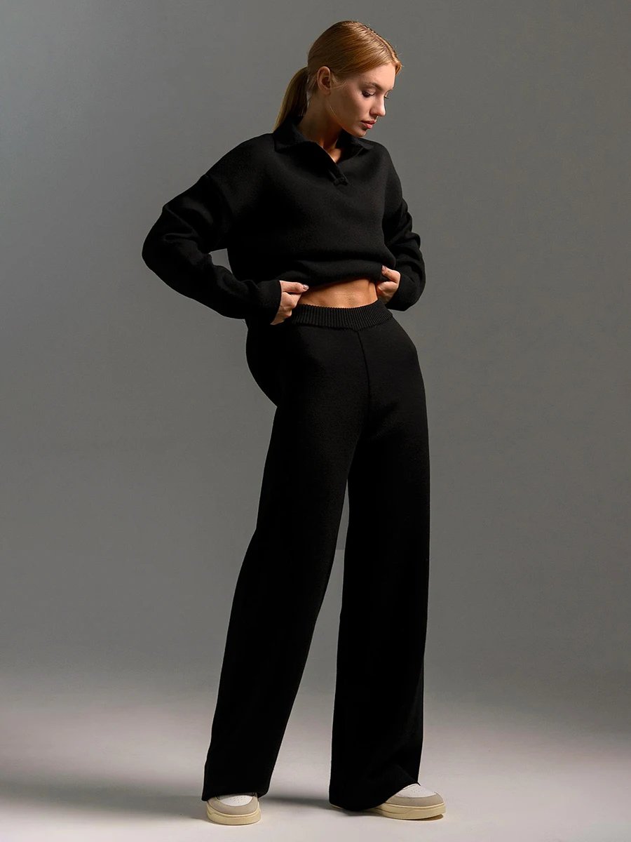 Women’s Knit Polo Sweater & Wide Leg Pants Set