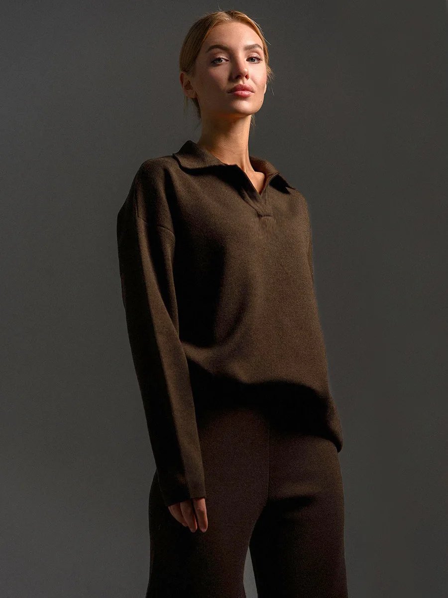 Women’s Knit Polo Sweater & Wide Leg Pants Set