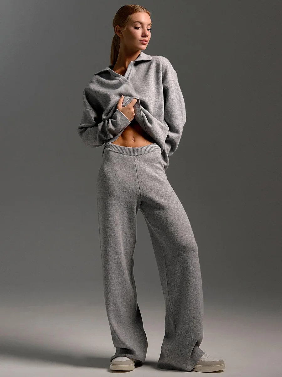 Women’s Knit Polo Sweater & Wide Leg Pants Set