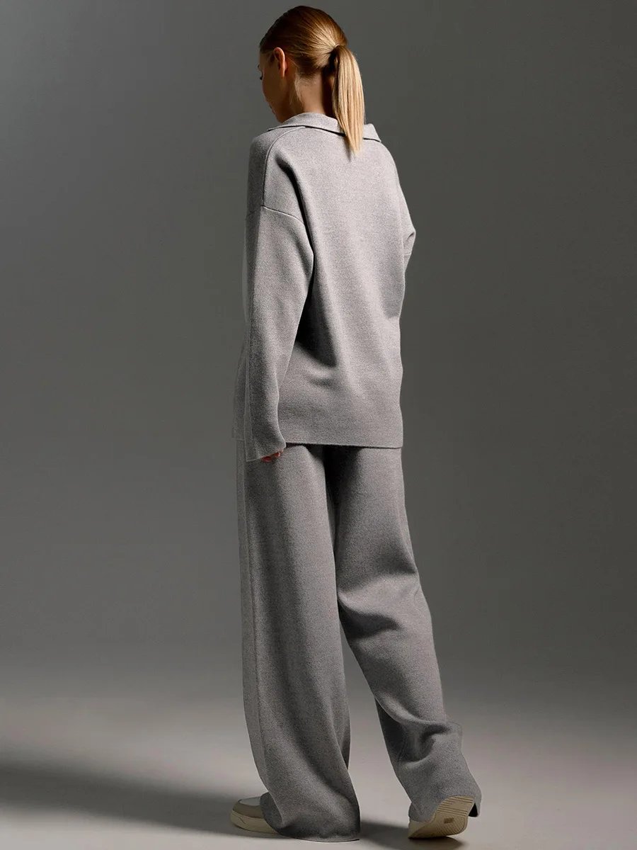 Women’s Knit Polo Sweater & Wide Leg Pants Set