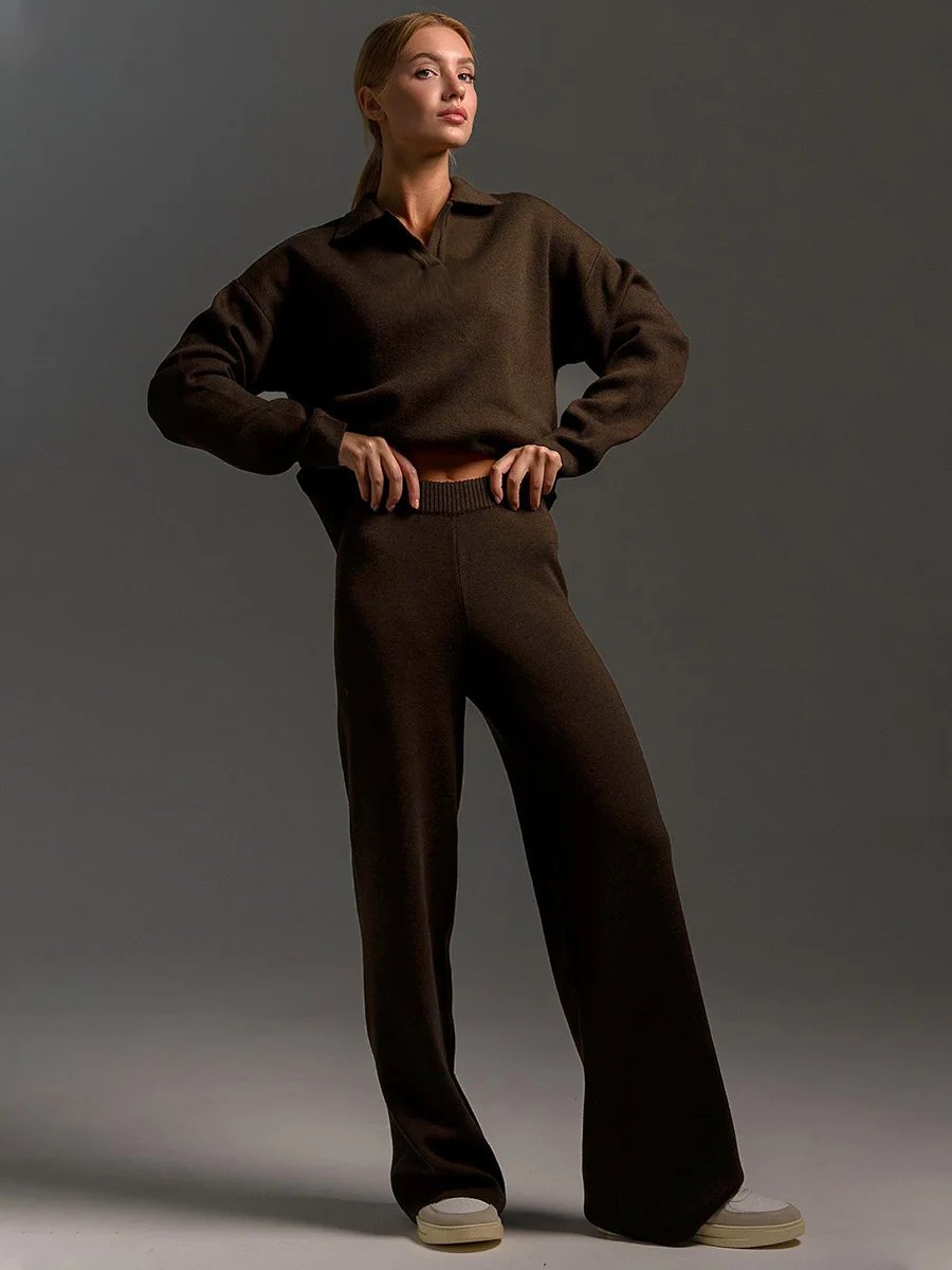Women’s Knit Polo Sweater & Wide Leg Pants Set