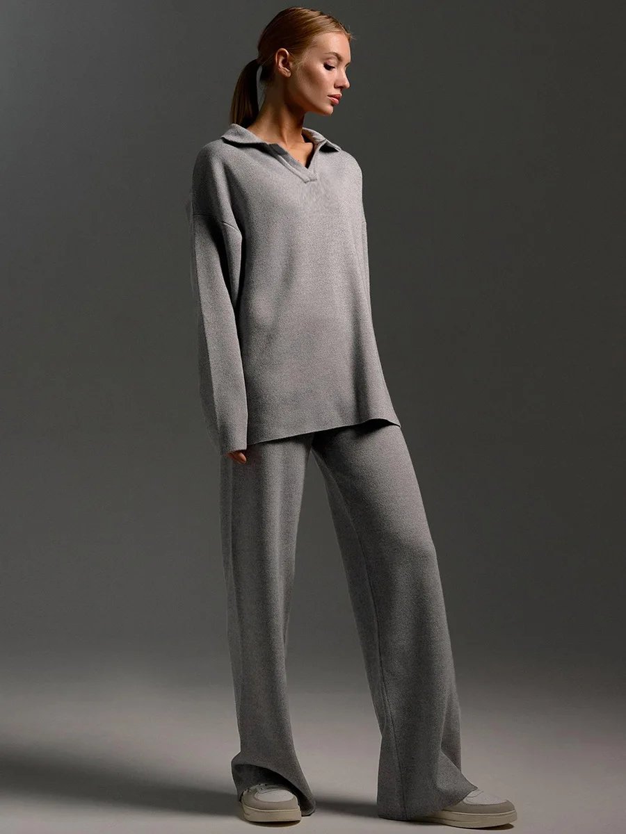 Women’s Knit Polo Sweater & Wide Leg Pants Set