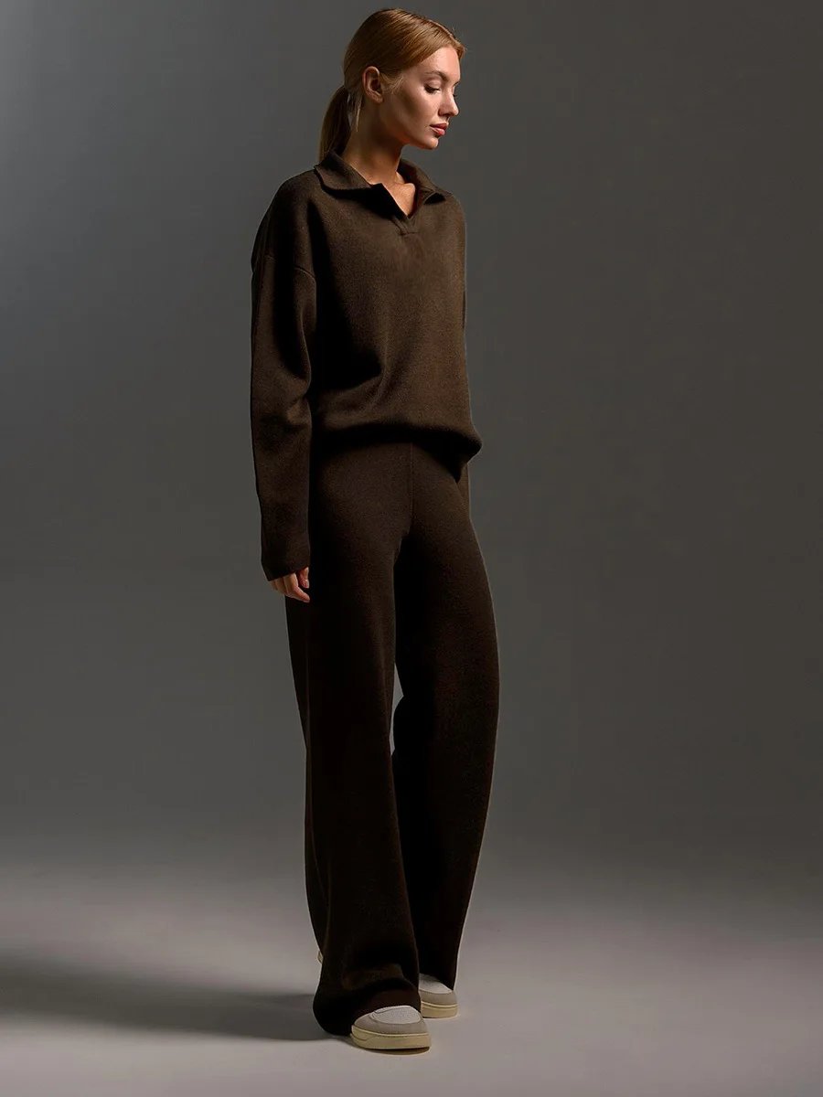 Women’s Knit Polo Sweater & Wide Leg Pants Set