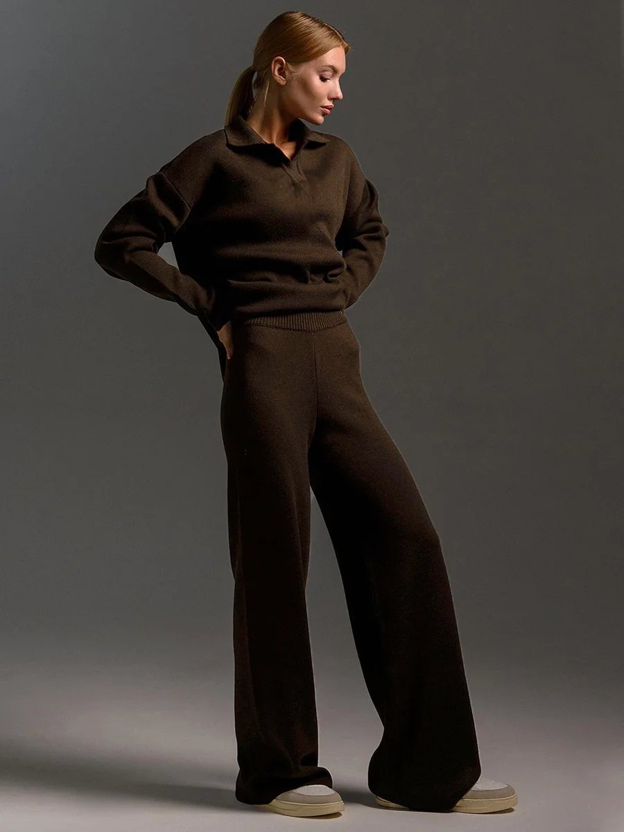 Women’s Knit Polo Sweater & Wide Leg Pants Set