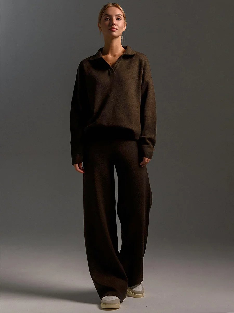 Women’s Knit Polo Sweater & Wide Leg Pants Set