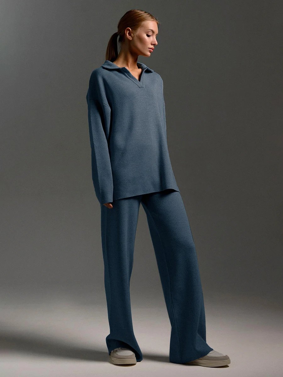 Women’s Knit Polo Sweater & Wide Leg Pants Set