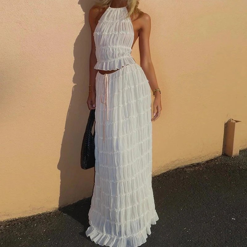 Boho Backless Maxi Skirt Set with Halter Top