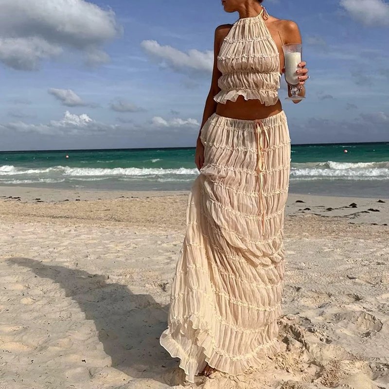 Boho Backless Maxi Skirt Set with Halter Top