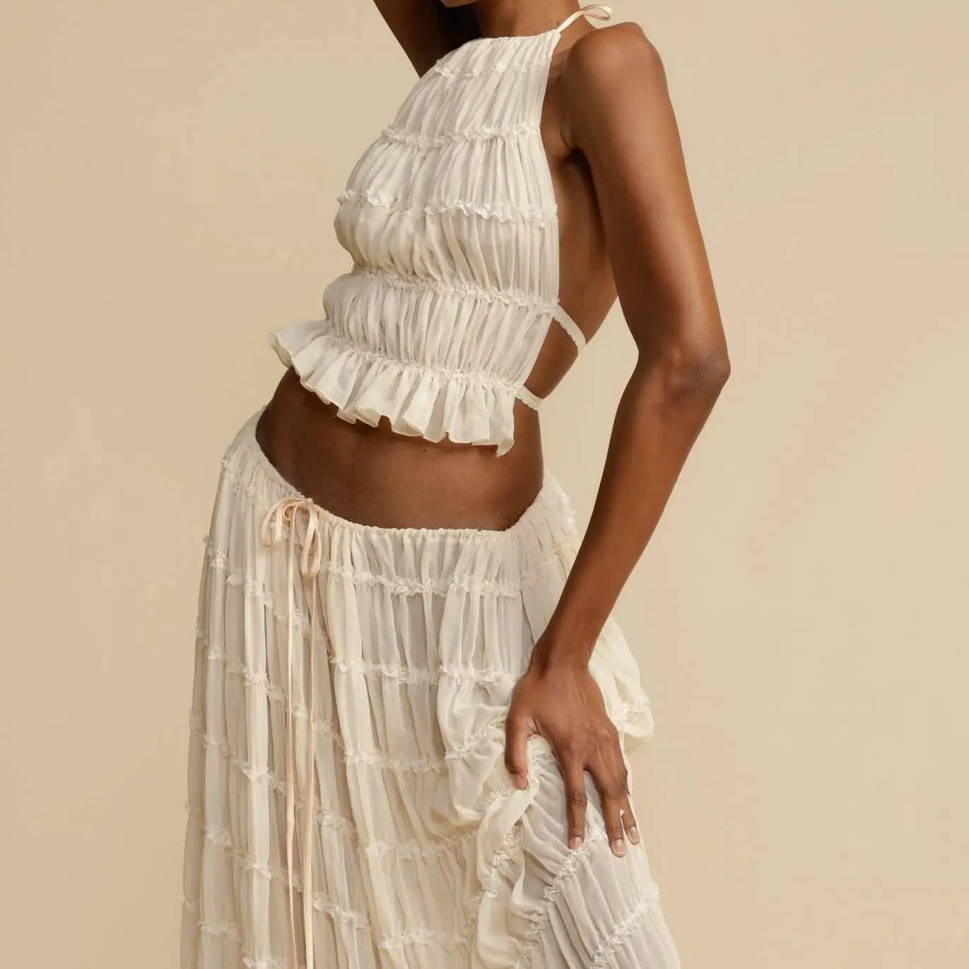 Boho Backless Maxi Skirt Set with Halter Top