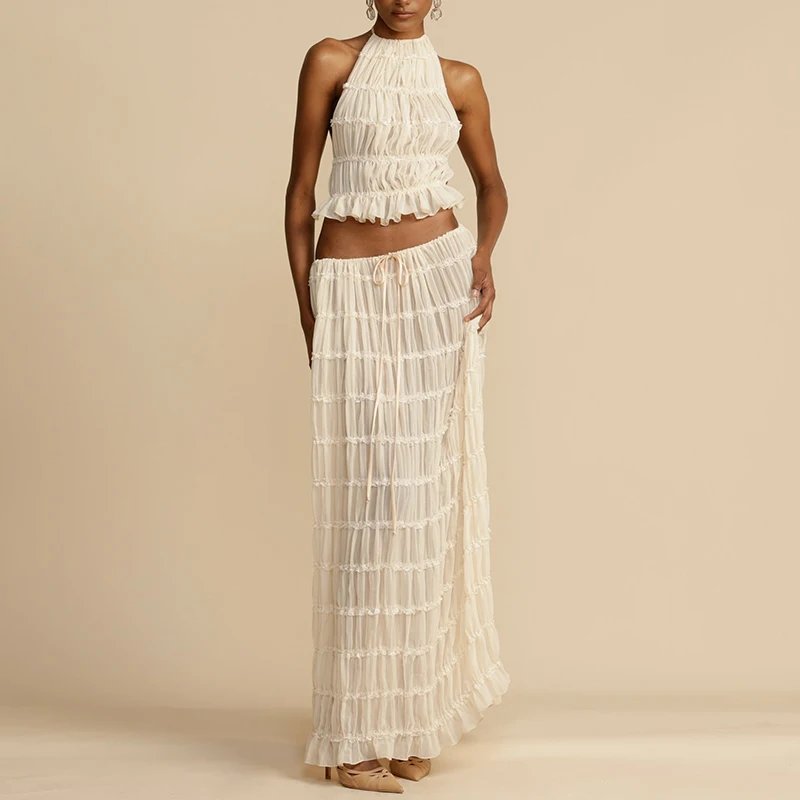 Boho Backless Maxi Skirt Set with Halter Top