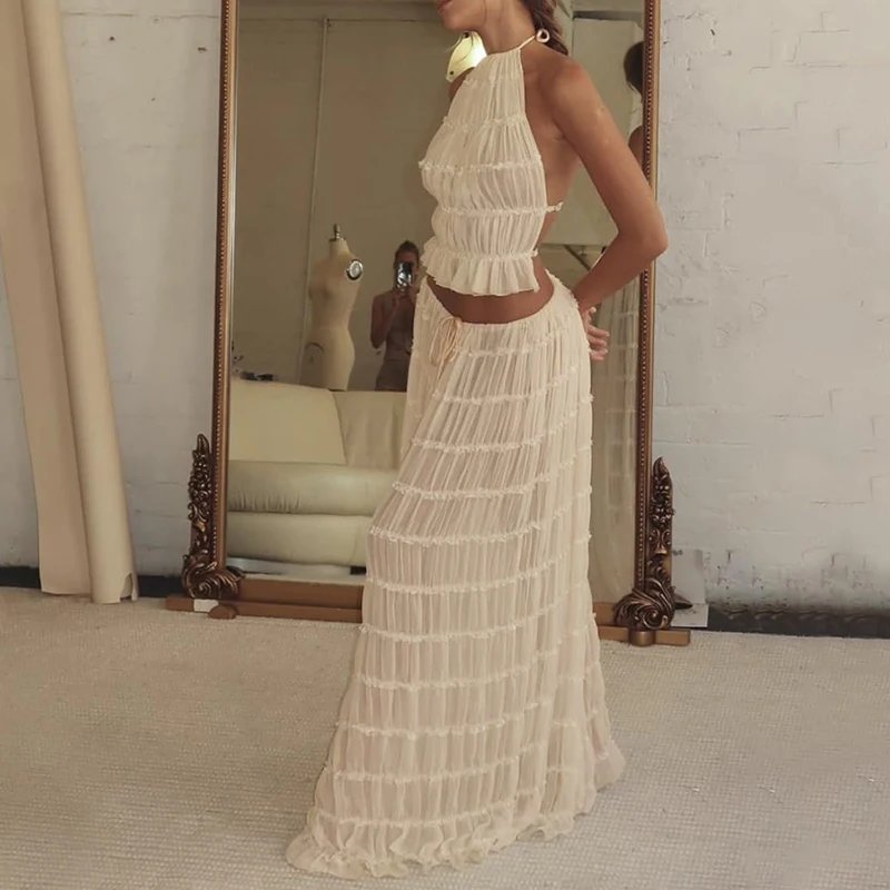 Boho Backless Maxi Skirt Set with Halter Top
