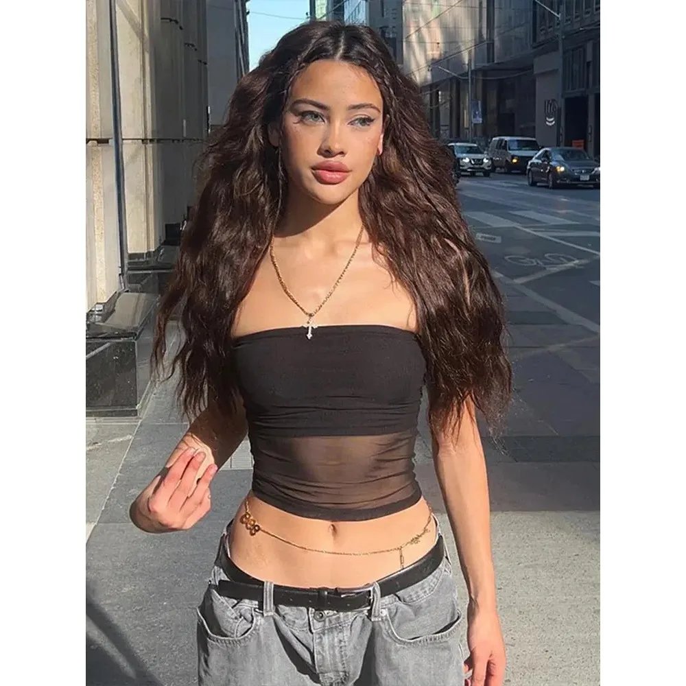 Black Mesh Bandeau Crop Top for Women Black Mesh Bandeau Crop Top for Women
