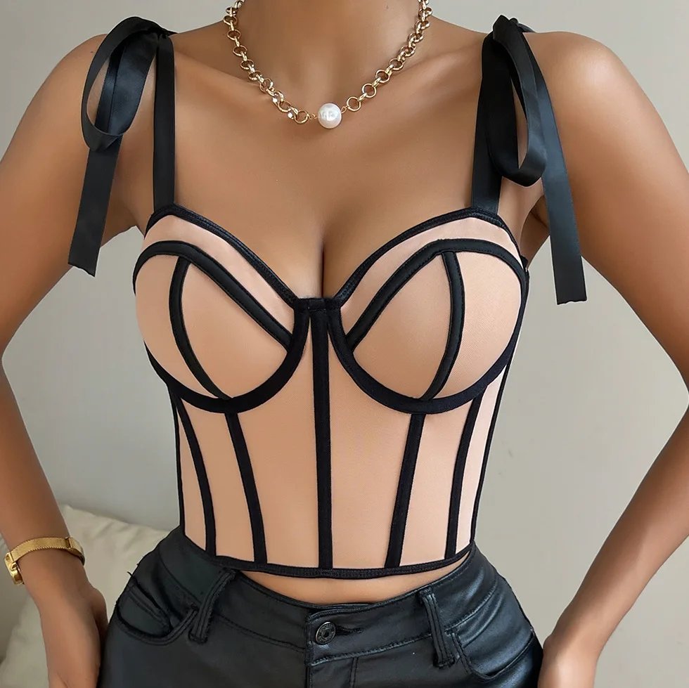 Sensual Ribbon Strap Corset Crop Top for Women