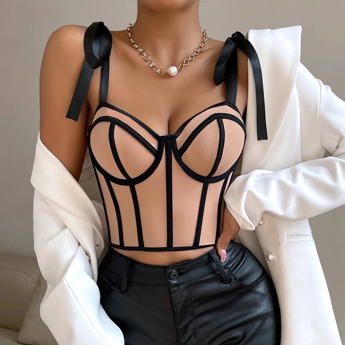 Sensual Ribbon Strap Corset Crop Top for Women