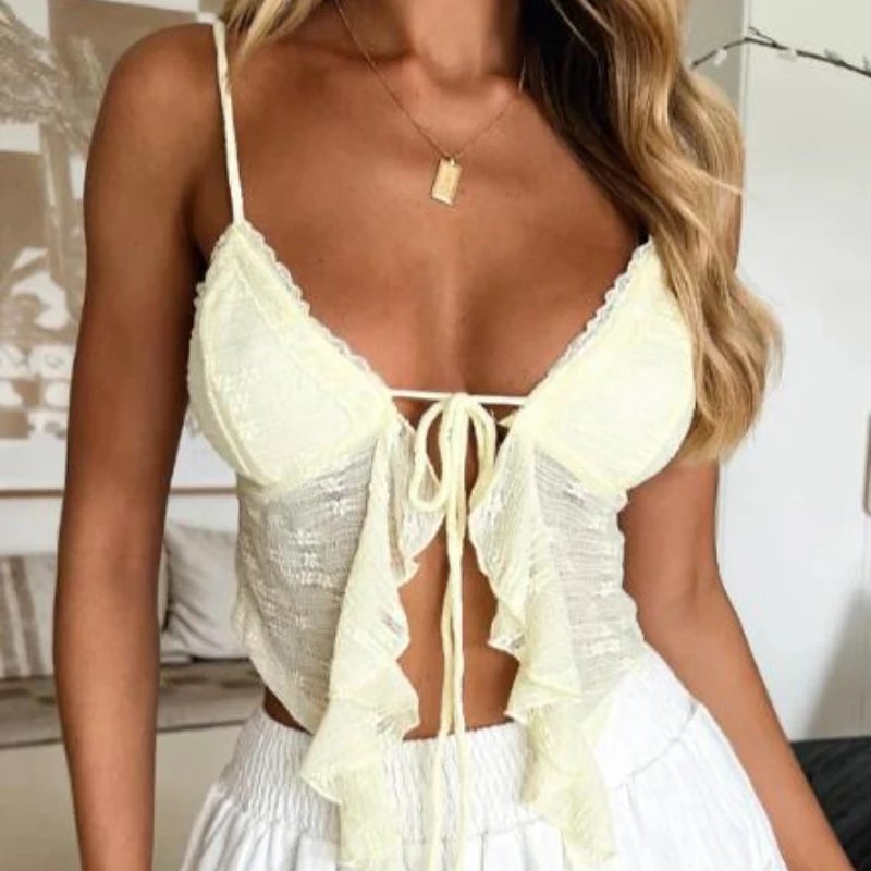 Lace Trim Tie Front Crop Camisole Top