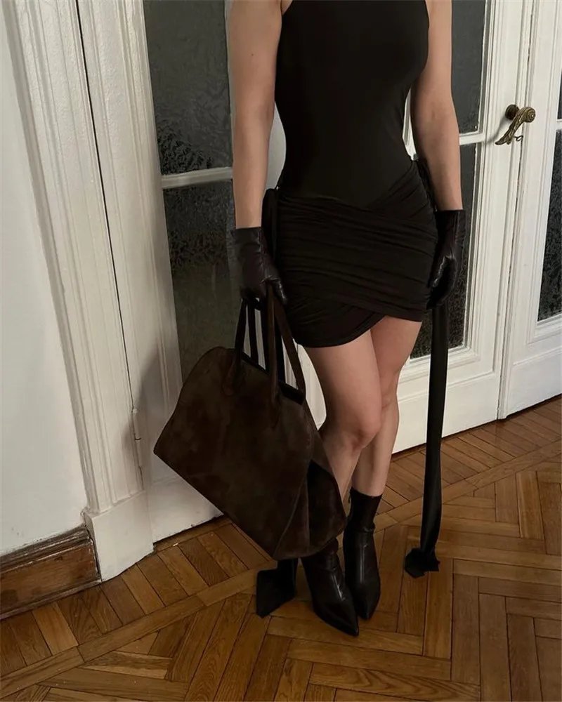 Brown Ruched Mini Dress – Sexy Sleeveless Partywear