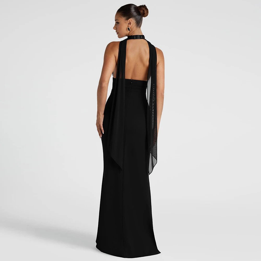 Elegant V-Neck Black Evening Dress with High Slit
