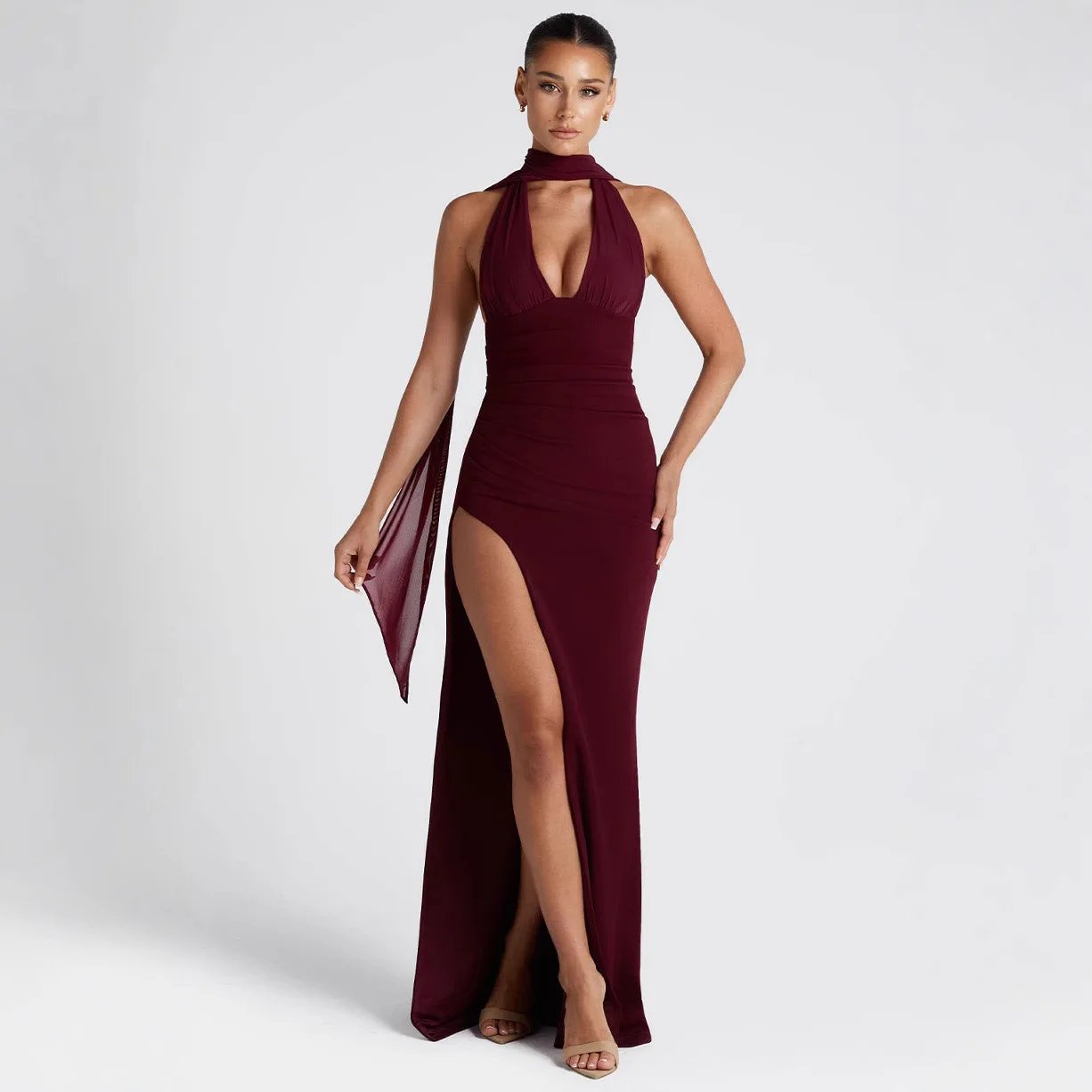 Elegant V-Neck Black Evening Dress with High Slit