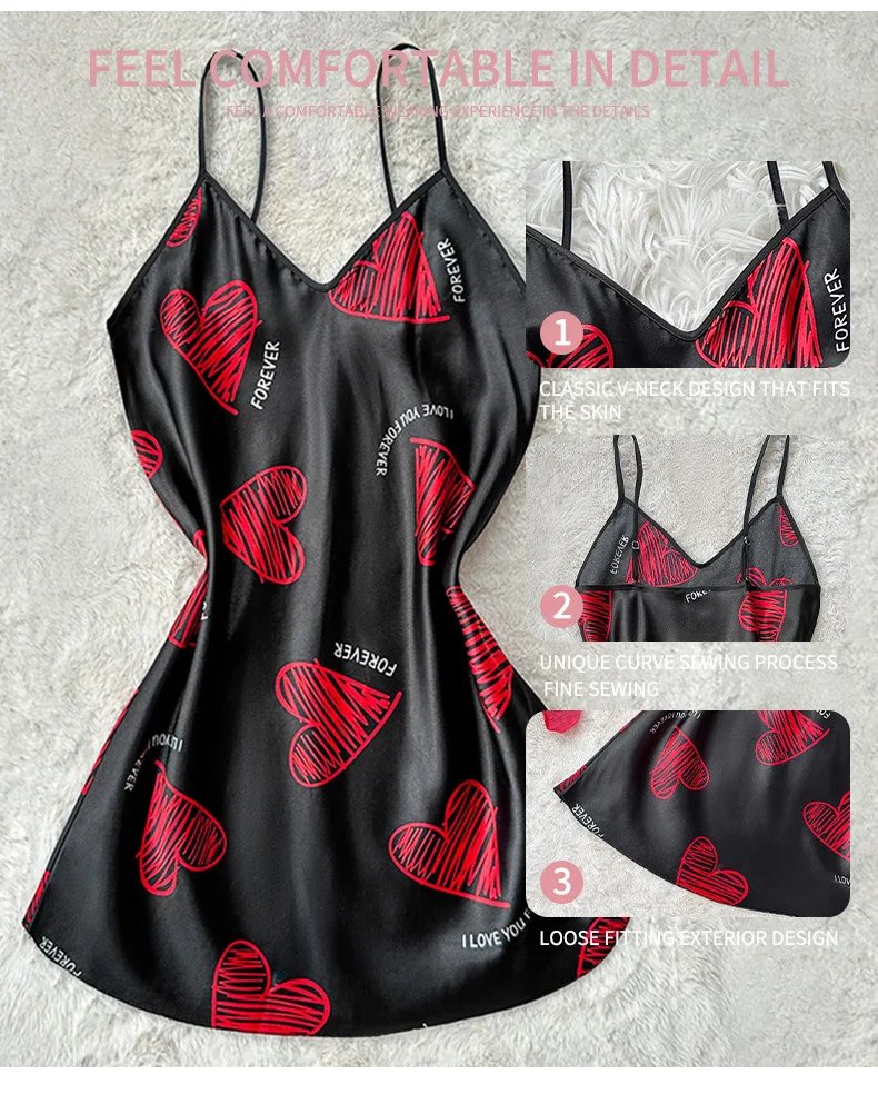 Black Satin Mini Dress with Red Heart Print Black Satin Mini Dress with Red Heart Print